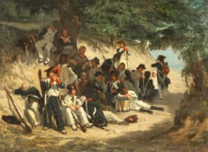 Halte des soldats de Napoléon - huile sur toile de Maurice Sand